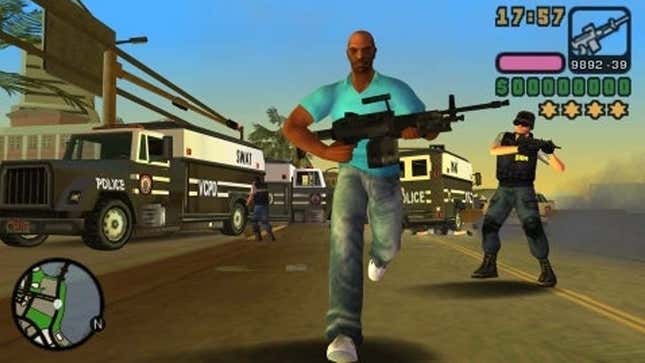 A screenshot shows a man with a large gun running away from cops in Vice City Stories. 