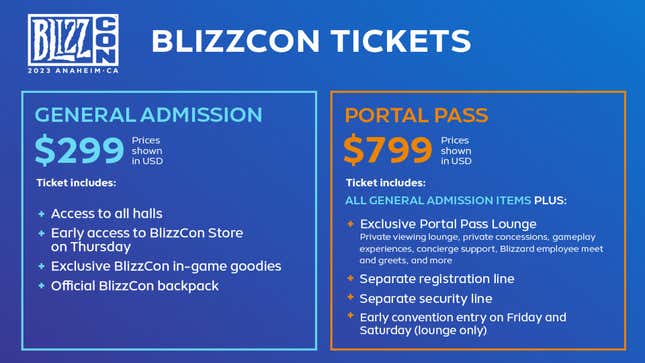 Eine Grafik, die die Preisaufschlüsselung für BlizzCon 2023-Tickets detailliert darstellt.
