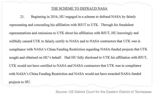 Image for article titled Tennessee professor charged with hiding China ties from NASA