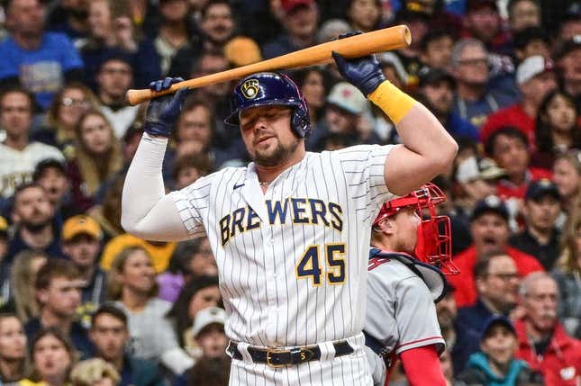 Apr 29, 2023; Milwaukee, Wisconsin, USA; Milwaukee Brewers first baseman Luke Voit (45) reacts after being called out on strikes against the Los Angeles Angels in the second inning at American Family Field.