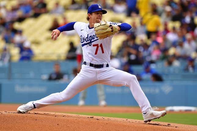 May 3, 2023;  Los Angeles, California, USA;  Los Angeles Dodgers starting pitcher Gavin Stone (71) against the Philadelphia Phillies during the first inning at Dodger Stadium.
