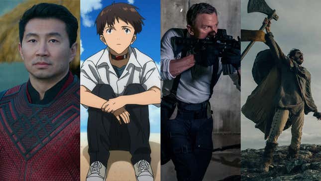 Four images left to right: Shang-Chi's Simu Liu as Marvel's titular new hero, Evangelion 3.0+1.0: Thrice Upon a Time's Shinji Ikari, No Time to Die's James Bond, and The Green Knight's Sir Gawain.