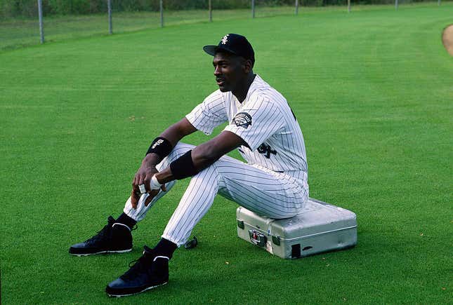  Michael Jordan #45 of the Birmingham Barons the Double A minor league affiliate of the Chicago White Sox sits on a camera case before a photo shoot circa 1994 at Hoover Metropolitan Stadium in Birmingham, Alabama. Jordan played for the Barons from 1994-95.