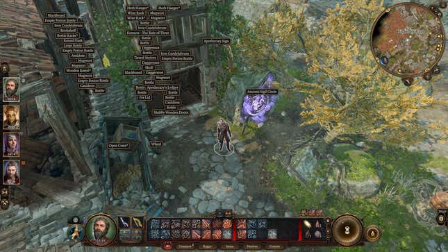 Una screenshot di Baldur's Gate 3 mostra dozzine di articoli nell'ambiente evidenziati