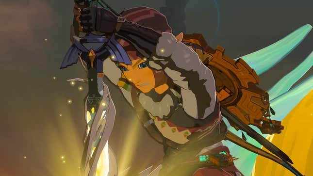Link, Master Sword'u Dragon of Light'ın kafasından çekerken görülüyor.