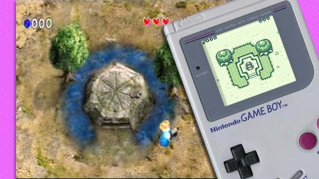 A screenshot of the CD-i Zelda game behind a Game Boy playing the remake. 