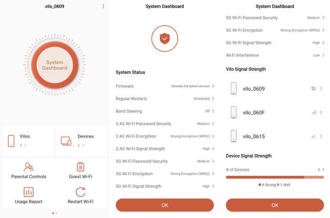 Three screenshots of the Vilo Mesh system dashboard
