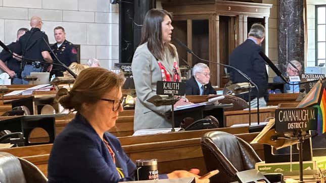 Sen. Kathleen Kauth of Omaha, a freshman lawmaker, speaks, Friday, May 19, 20230, in Lincoln, Nebraska, during debate on a bill that would ban gender-affirming care to minors. Kauth introduced the bill – which has been the flashpoint this session.