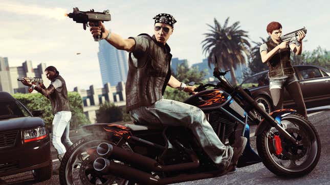 A group of bikers wearing leather vests in GTA Online shoot at enemies off screen.
