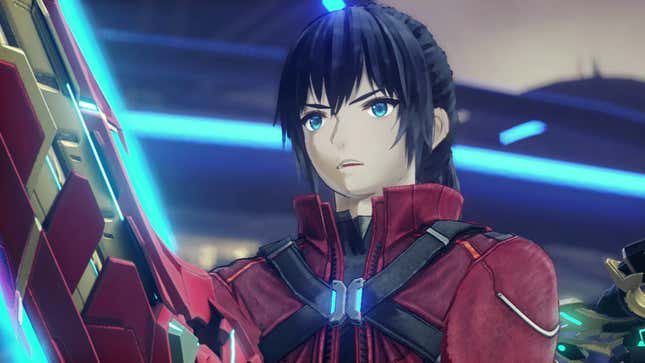 Noah looks at his sword in disbelief that Xenoblade Chronicles 3 hasn't made him cringe yet.