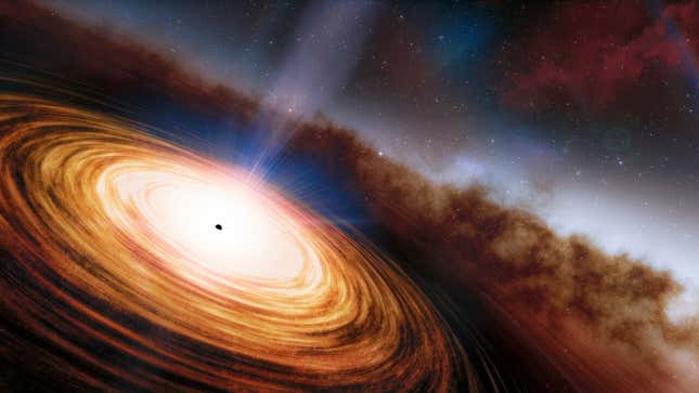 An illustration of a quasar—a supermassive black hole surrounded by superheated material.