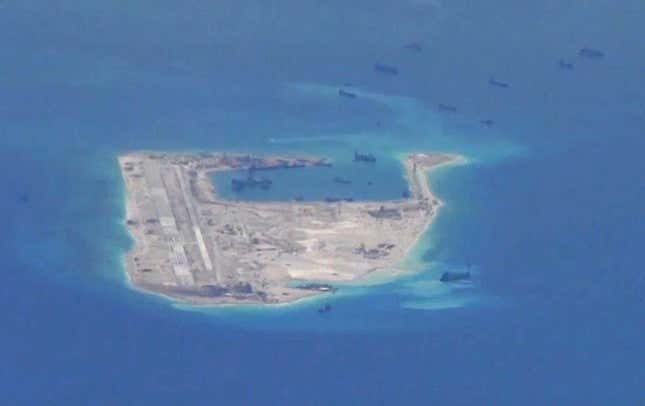 Fiery Cross Reef island-building in May 2015.