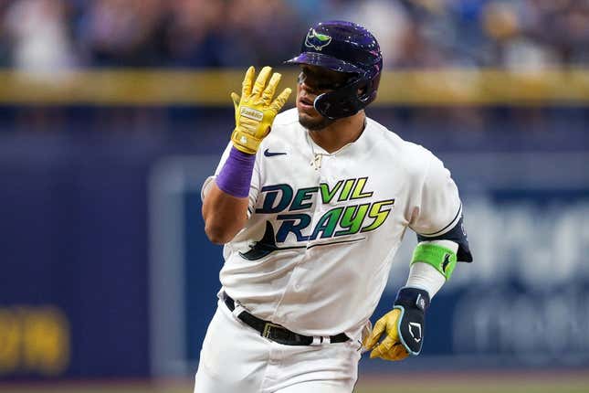 Jun 9, 2023; St. Petersburg, Florida, USA;  Tampa Bay Rays third baseman Isaac Paredes (17) runs the bases after hitting a hits a three-run home run against the Texas Rangers in the third inning at Tropicana Field.