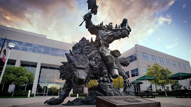 A photo of the wolf-riding orc statue outside Blizzard HQ in Irvine, California. 