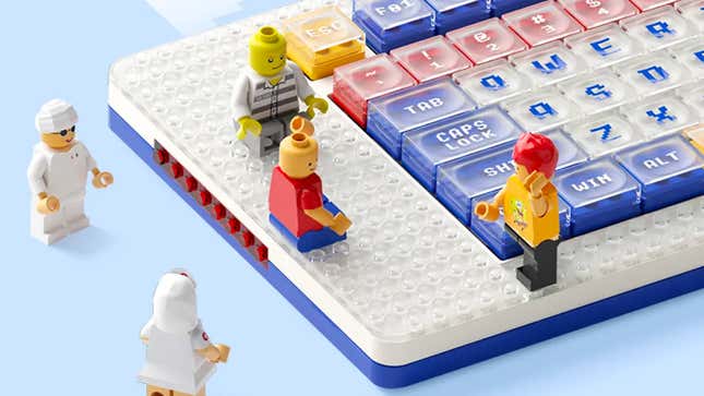 The MelGeek Pixel keyboard adorned with Lego minifigures.
