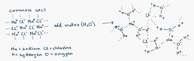 Salt’s dissolution in water.