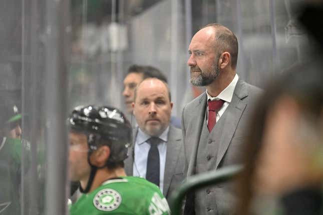 Feb 14, 2023; Dallas, Texas, USA; Dallas Stars head coach Peter DeBoer watches the game between the Stars and the Boston Bruins during the second period at the American Airlines Center.
