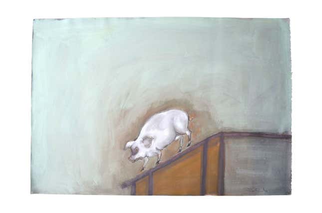 “From Where the Next Influenza Pandemic?”: When he learned that pigs can be a source of new strains of influenza, Mexican artist Francisco Toledo was motivated to create this painting. The pig reminds him of his childhood, when he used to visit an abattoir where his grandfather slaughtered pigs for a living.