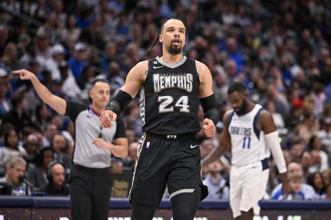 Mar 13, 2023; Dallas, Texas, USA; Memphis Grizzlies forward Dillon Brooks (24) reacts to scoring against the Dallas Mavericks during the second half at the American Airlines Center.