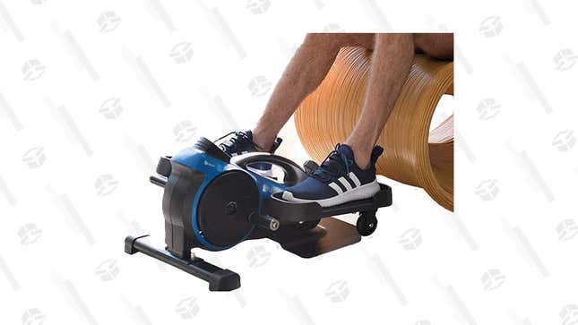 A person's legs and feet rest on the FlexStride pedal exerciser.