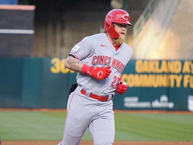 Apr 28, 2023; Oakland, California, USA; Cincinnati Reds outfielder Jake Fraley (27) rounds the bases on a two-run home run against the Oakland Athletics during the third inning at Oakland Coliseum.