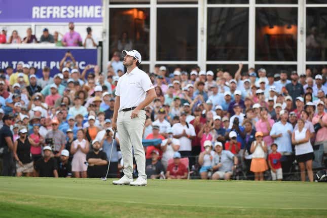 Aug 13, 2023; Memphis, Tennessee, USA; Patrick Cantlay reacts after missing his putt on the first playoff hole to lose against Lucas Glover (not pictured) during the final round of the FedEx St. Jude Championship golf tournament.