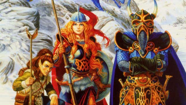 A kender with a slingshot sits next to an elf princess and a mysterious knight in blue-black armor on the illustrated cover for Dragons of Winter Night.