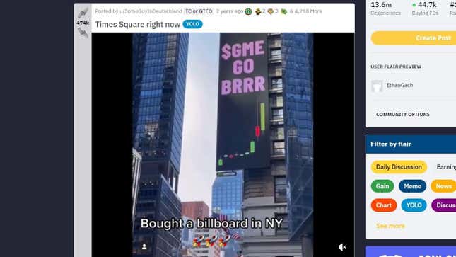 A screenshot shows a WallStreetBets Reddit post about buying a Time Square billboard for GameStop meme stock.