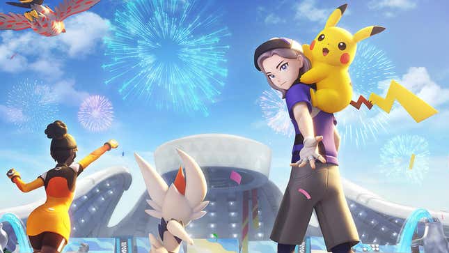 A Pokémon trainer with a Pikachu on his shoulder beckons the viewer towards a stadium as fireworks explode overhead