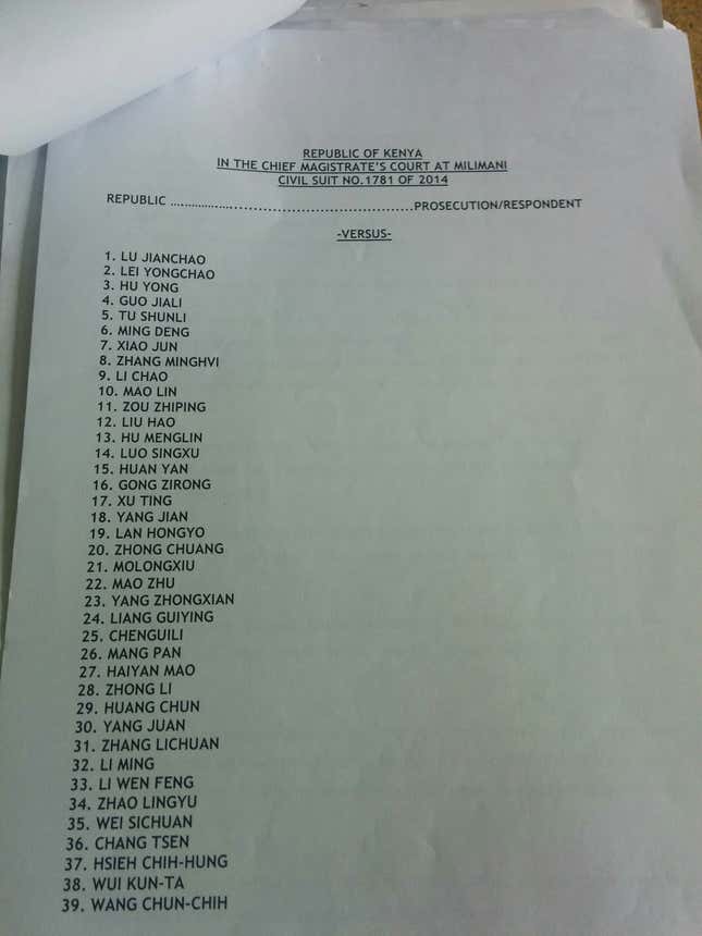 List of 37 Chinese defendants in a separate house in Runda Estate that were arrested.