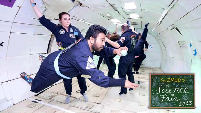 Dwayne Fernandes maneuvers in zero-gravity to investigate possible navigation techniques for future space travel, with flight doctor Sheyna Gifford standing nearby, during an AstroAccess research flight performed above Texas on December 15, 2022.