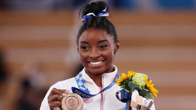 Simone Biles of Team United States received the bronze medal for the Women’s Balance Beam Final at the Tokyo 2020 Olympic Games in 2021.