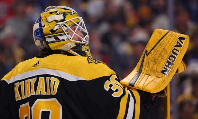 Nov 12, 2022; Buffalo, New York, USA;  Boston Bruins goaltender Keith Kinkaid (30) during a stoppage in play against the Buffalo Sabres during the second period at KeyBank Center.