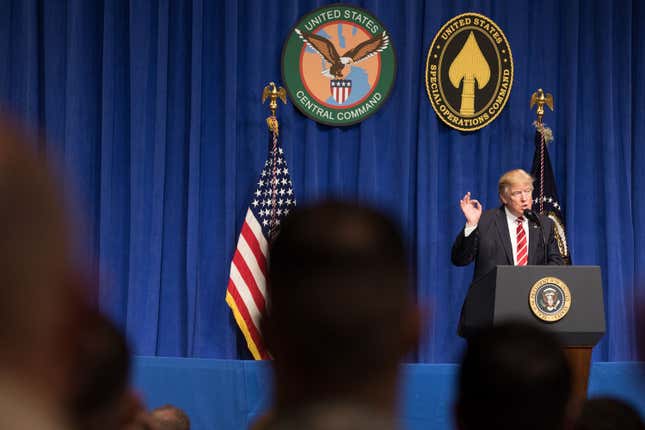 President Donald Trump delivers remarks on Monday, February 6, 2017, at the Central Command Headquarters in Tampa, Florida. (White House/Shealah Craighead)