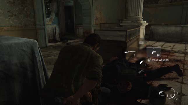 A four-way UI element shows different inventory options as Joel crouches over dead bodies in The Last of Us.