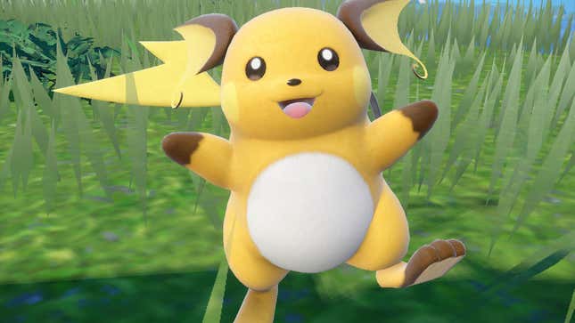 A Raichu is seen smiling into the camera in a grassy area.