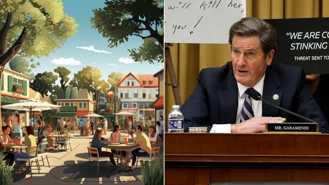 A rendering from the California forever project and a photo of Rep John Garamendi staring ahead.