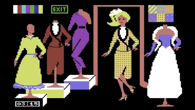 Barbie poses in a store with dresses in this screenshot from Barbie for Commodore 64.