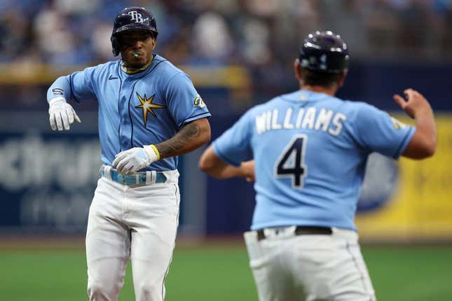 Apr 9, 2023; St. Petersburg, Florida, USA;  Tampa Bay Rays shortstop Wander Franco (5) celebrates after hitting a home run against the Oakland Athletics in the first inning at Tropicana Field.