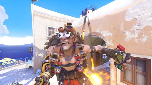 Junkrat is seen with googly eyes on his face and throwing grenades in the background.