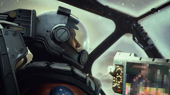This is the most-used Starfield screenshot of a space woman sitting in her ship's cockpit, staring out with a screen visible in the lower right side.