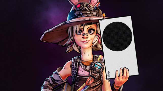A screenshot of Tiny Tina from Borderlands holding a white Xbox Series S console in her hand. 