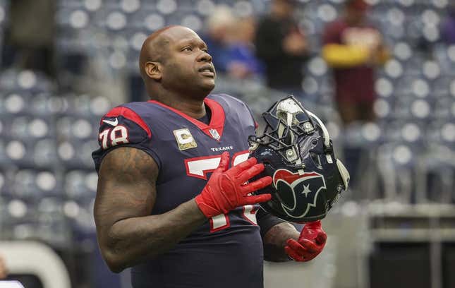 Nov 20, 2022; Houston, Texas, USA; Houston Texans offensive tackle Laremy Tunsil (78) on the field before the game against the Washington Commanders at NRG Stadium.