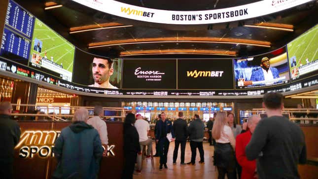 A view of the Encore Boston Harbor Casino Sportsbook on the first day of legal sports betting in Massachusetts. 