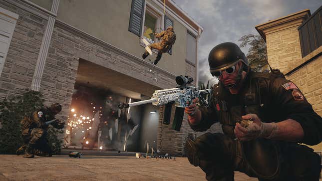 Characters set off explosions, pilot drones, and scale a wall in Rainbow Six: Siege.
