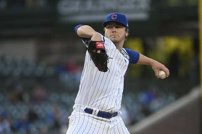 Apr 25, 2023; Chicago, Illinois, USA;  Chicago Cubs starting pitcher Justin Steele (35) delivers against the San Diego Padres during the first inning at Wrigley Field.