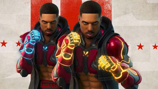 A screenshot shows two boxers in Fortnite, both with robot arms. 