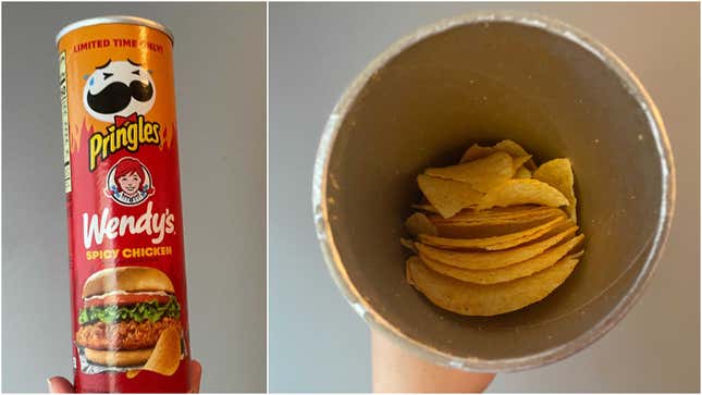 Left: Tube of Pringles + Wendy's Spicy Chicken Sandwich potato chips. Right: Looking inside the Pringles tube