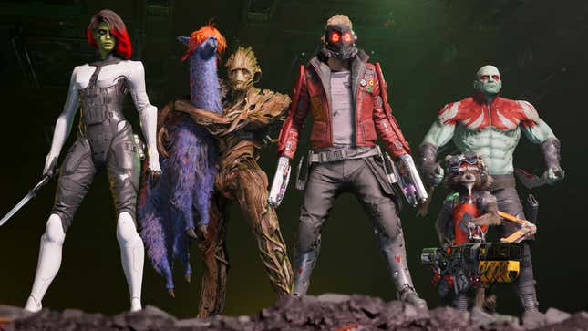 The full Guardians of the Galaxy team looking heroic.