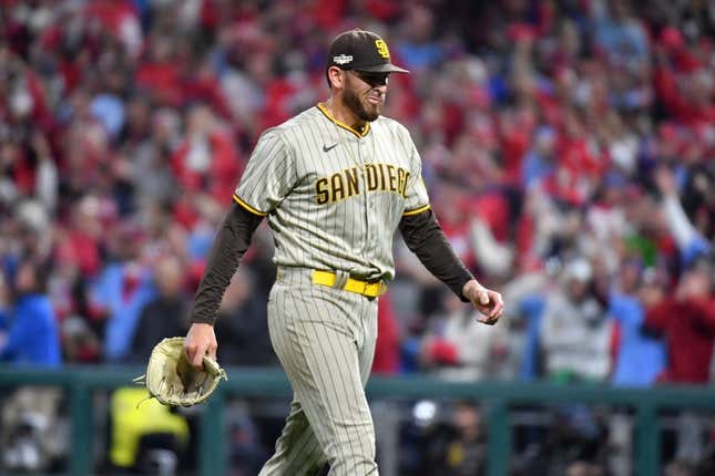 Oct 21, 2022; Philadelphia, Pennsylvania, USA; San Diego Padres starting pitcher Joe Musgrove (44) leaves the game during game in the sixth inning three of the NLCS against the Philadelphia Phillies for the 2022 MLB Playoffs at Citizens Bank Park.